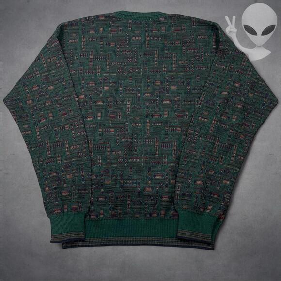 Segreto Merino Wool Sweater Large Green Patterned Crewneck Pullover Vintage 90s - Picture 4 of 5